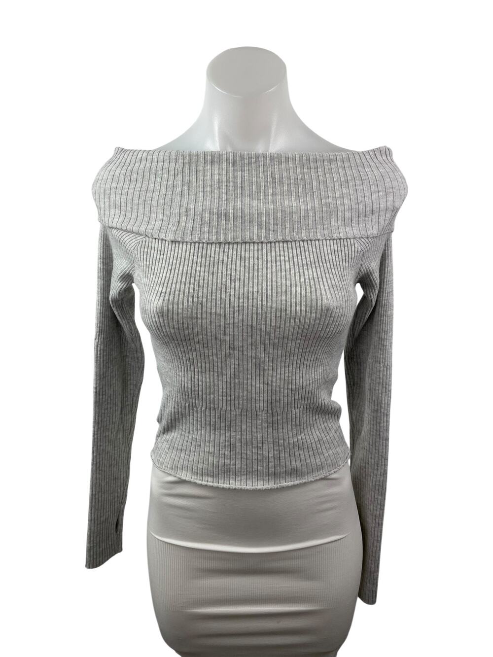 Princess Polly Women's Gray Ribbed Off the Shoulder Long Sleeve Sweater Top S/M
